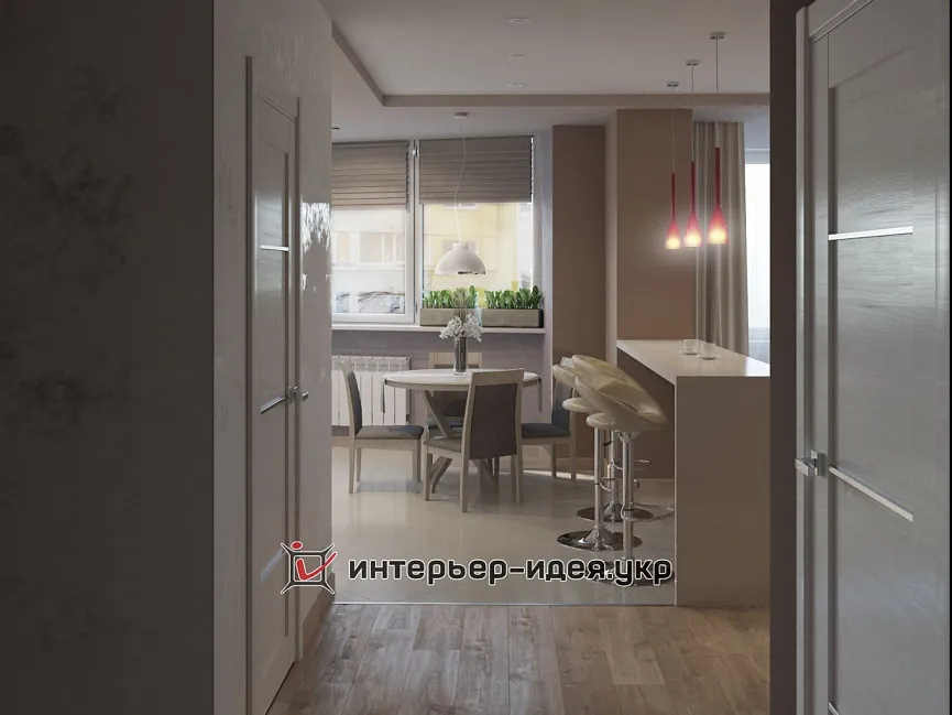 Дизайн студії в теплих світлих тонах з акцентами червоного