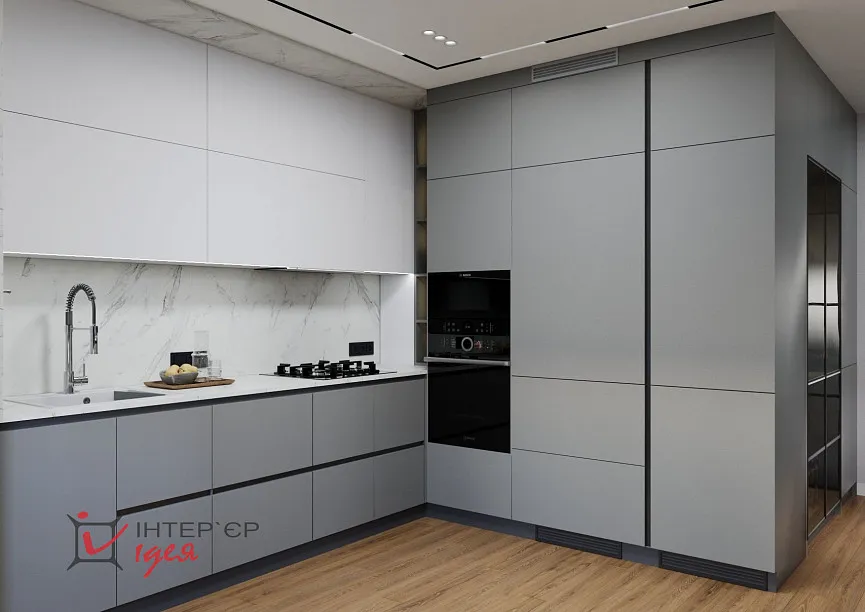 Сучасний мінімалізм в кухні-студії 28 м2,з балконом