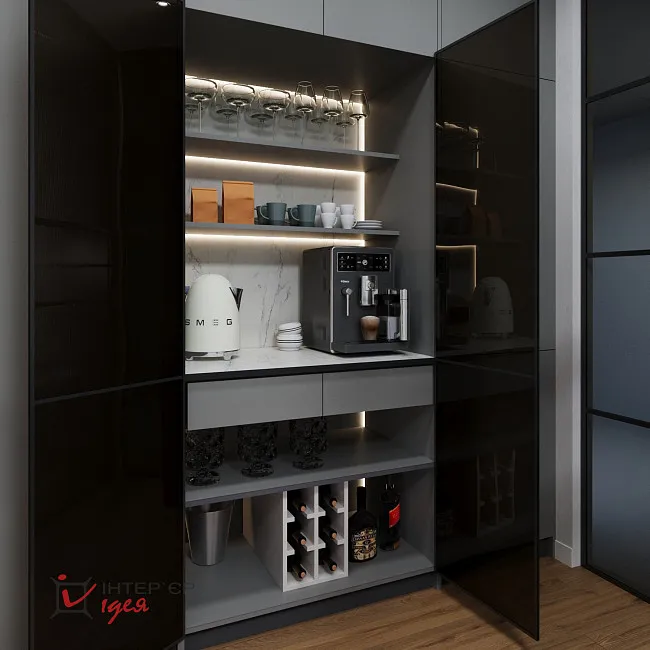 Сучасний мінімалізм в кухні-студії 28 м2,з балконом