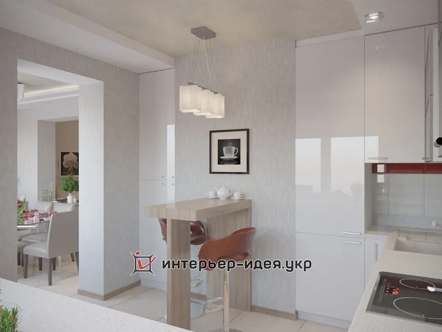 Дизайн кухні білого кольору з полуничним декором