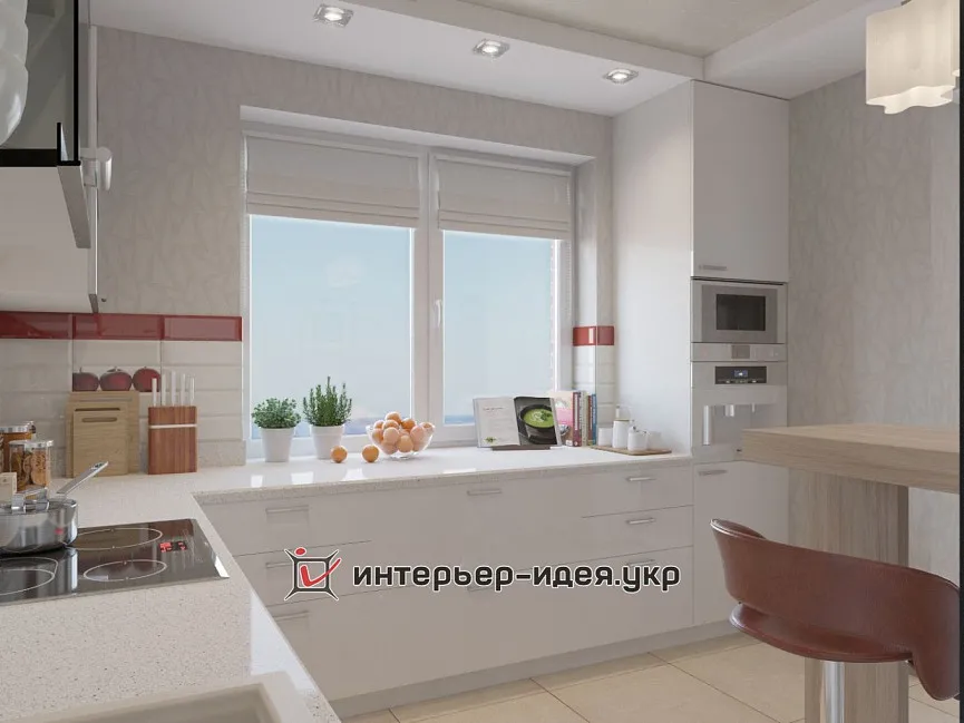 Дизайн кухні білого кольору з полуничним декором