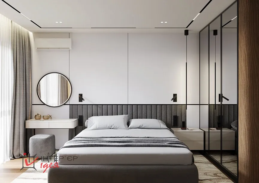 Сучасний мінімалізм в спальні 14 м2 з терасою