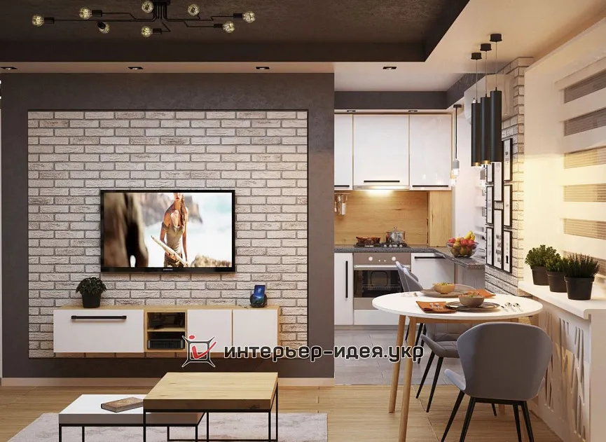 Компактна кухня-студія з елементами лофт