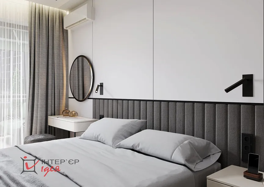 Сучасний мінімалізм в спальні 14 м2 з терасою