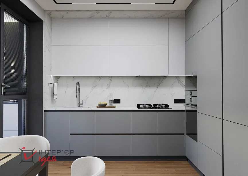 Сучасний мінімалізм в кухні-студії 28 м2,з балконом