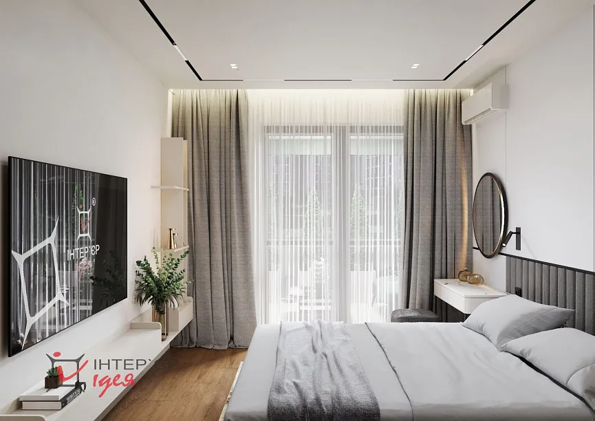 Сучасний мінімалізм в спальні 14 м2 з терасою