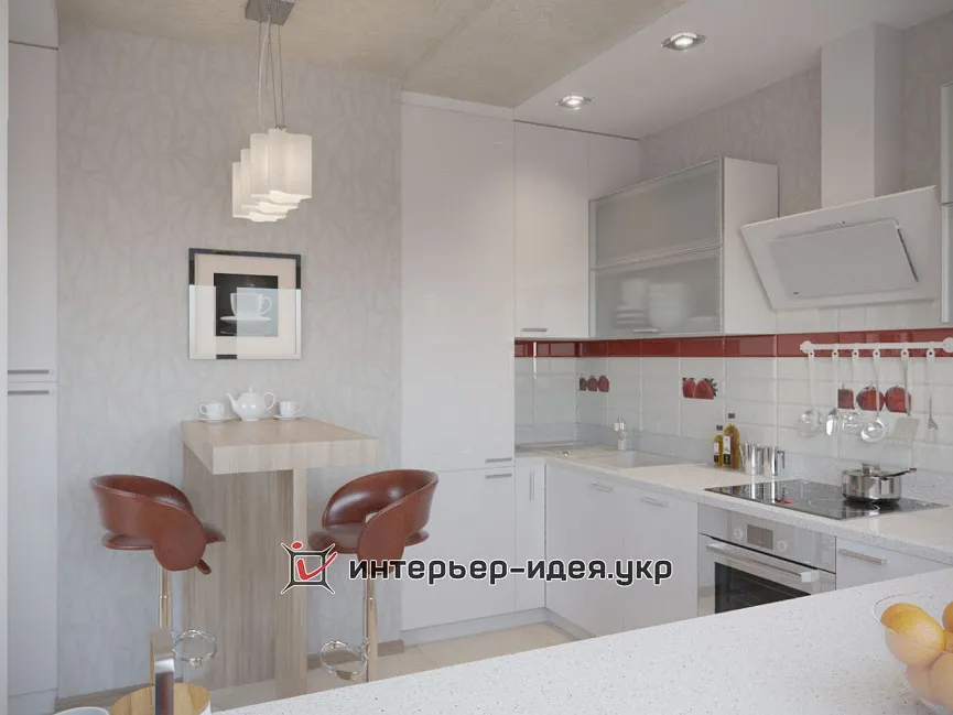 Дизайн кухні білого кольору з полуничним декором